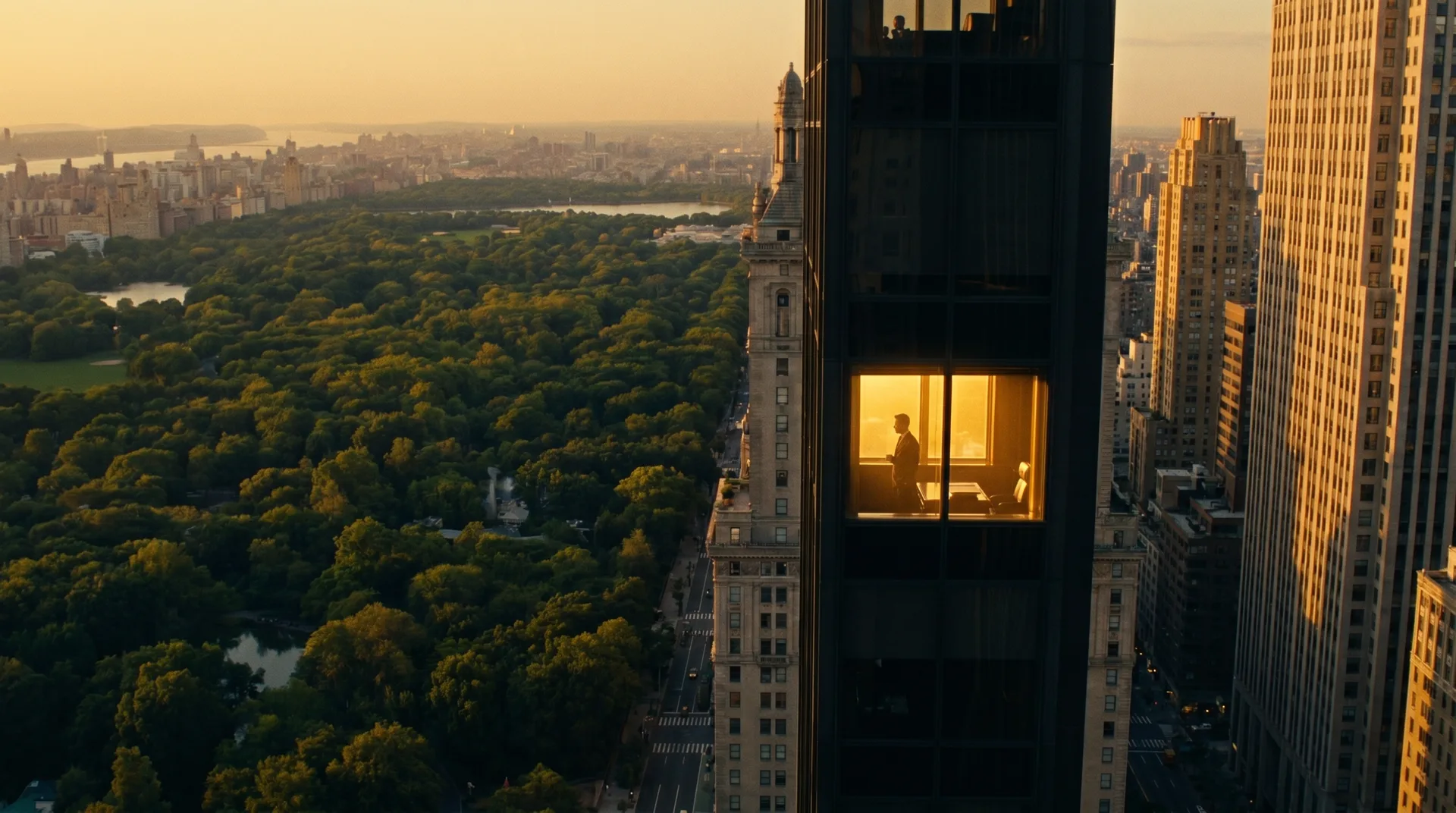 Aerial view of a Manhattan skyscraper at golden dusk, one corner office window glowing above Central Park