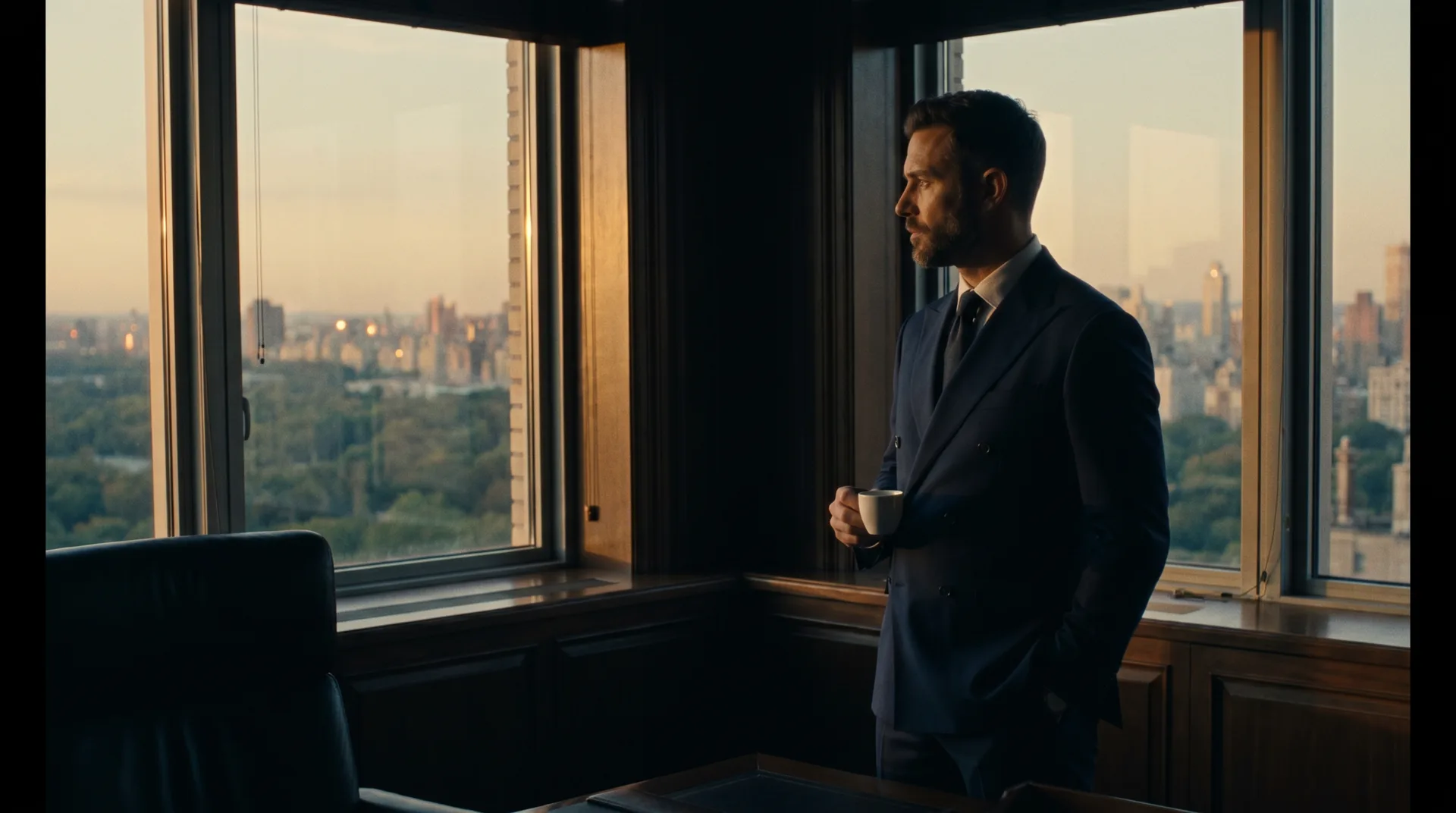A consultant in a tailored navy double-breasted suit drinking espresso in his Manhattan corner office overlooking Central Park
